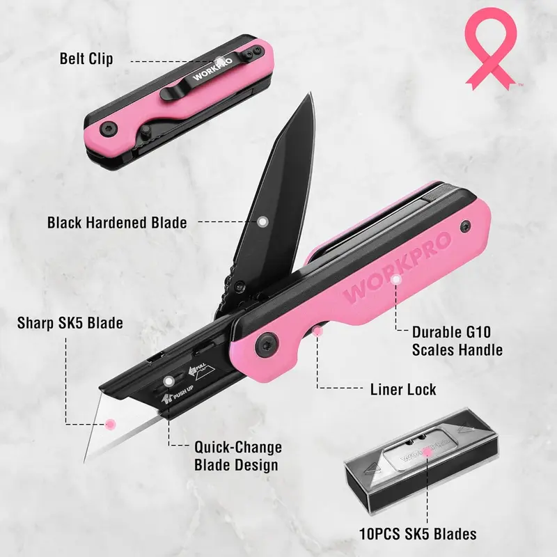 WORKPRO 2-in-1-Faltmesser, schnellaustauschbarer Kartonschneider mit Gürtelclip, Liner-Lock-Vorrichtung und G10-Griff – inkl. 10 zusätzlicher SK5-Klingen