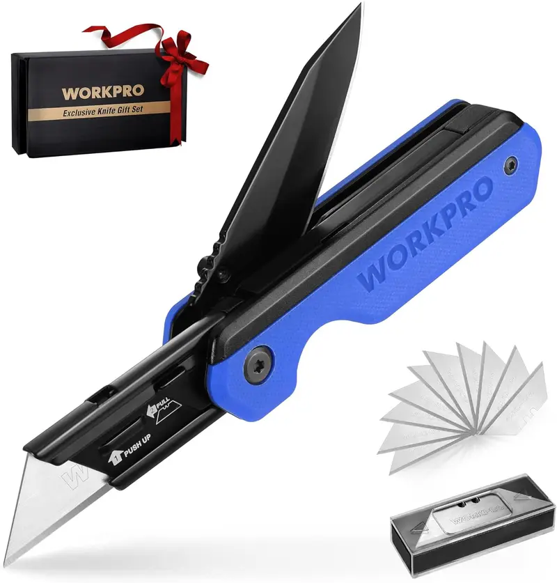 WORKPRO 2-in-1-Faltmesser, schnellaustauschbarer Kartonschneider mit Gürtelclip, Liner-Lock-Vorrichtung und G10-Griff – inkl. 10 zusätzlicher SK5-Klingen