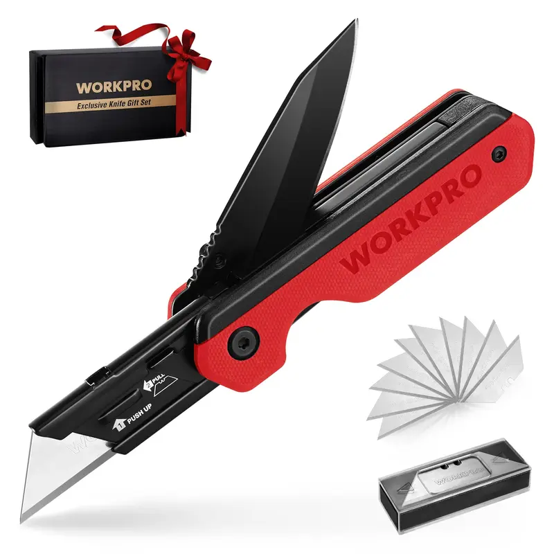 WORKPRO 2-in-1-Faltmesser, schnellaustauschbarer Kartonschneider mit Gürtelclip, Liner-Lock-Vorrichtung und G10-Griff – inkl. 10 zusätzlicher SK5-Klingen
