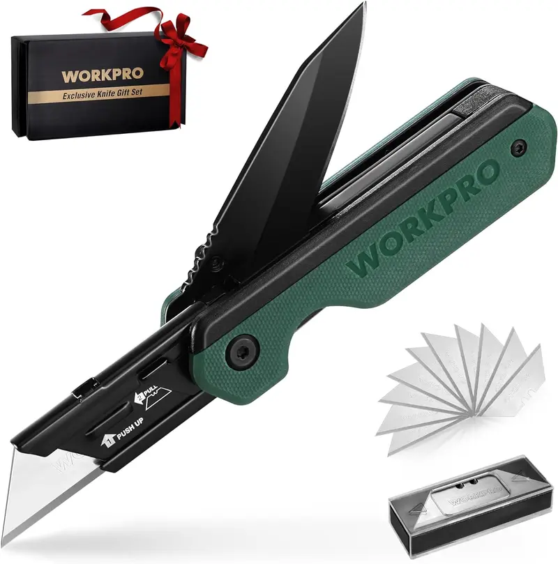 WORKPRO 2-in-1-Faltmesser, schnellaustauschbarer Kartonschneider mit Gürtelclip, Liner-Lock-Vorrichtung und G10-Griff – inkl. 10 zusätzlicher SK5-Klingen