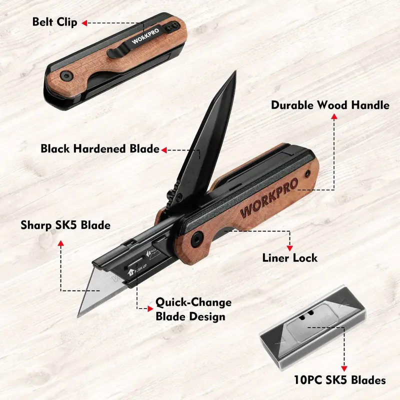 WORKPRO 2-in-1 Klapp-Messer für vielseitige Einsätze – inkl. 10 zusätzlicher SK5-Klingen