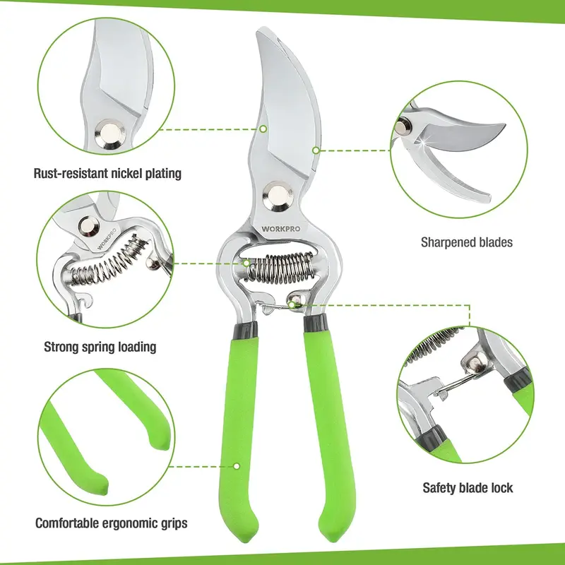 WORKPRO 2 Pcs Pruning Shears Set, 8” Bypass Garden Pruner and 8” Straight Blade Hand Pruning Clippers