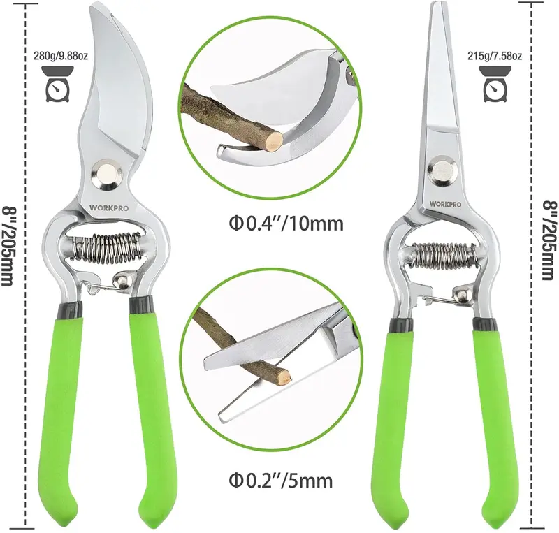WORKPRO 2 Pcs Pruning Shears Set, 8” Bypass Garden Pruner and 8” Straight Blade Hand Pruning Clippers