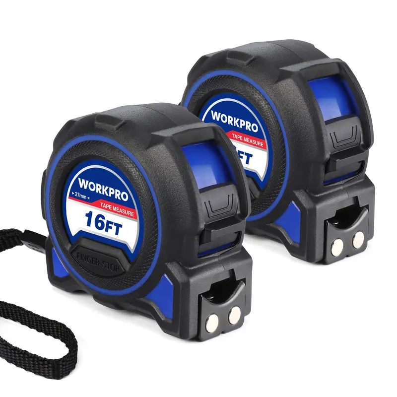 WORKPRO 2 Stück, einziehbare Hochleistungs-Zollstock mit 4,88 m Länge, doppelte Einzugsfunktion, hohe Standfestigkeit und Genauigkeit von 1/32 Zoll – mit magnetischem Haken, Gürtelclip und gummiertem Schutzgehäuse