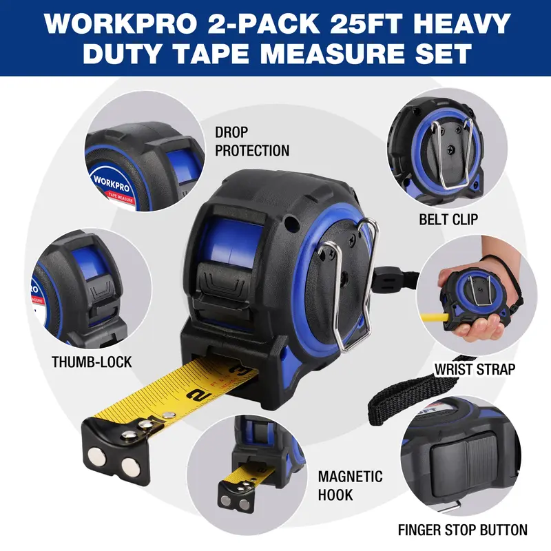 WORKPRO 2 Stück, einziehbare Hochleistungs-Zollstock mit 4,88 m Länge, doppelte Einzugsfunktion, hohe Standfestigkeit und Genauigkeit von 1/32 Zoll – mit magnetischem Haken, Gürtelclip und gummiertem Schutzgehäuse 2