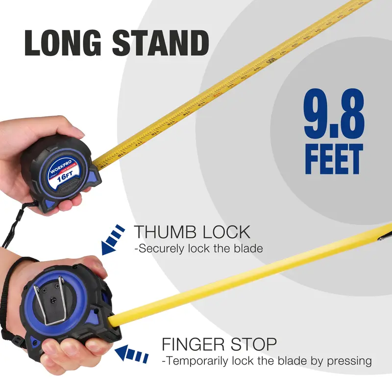 WORKPRO 2 Stück, einziehbare Hochleistungs-Zollstock mit 4,88 m Länge, doppelte Einzugsfunktion, hohe Standfestigkeit und Genauigkeit von 1/32 Zoll – mit magnetischem Haken, Gürtelclip und gummiertem Schutzgehäuse