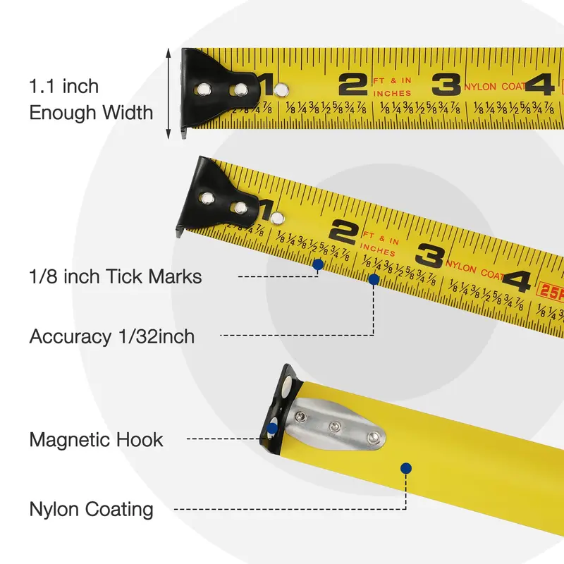 WORKPRO 2 Stück, einziehbare Hochleistungs-Zollstock mit 4,88 m Länge, doppelte Einzugsfunktion, hohe Standfestigkeit und Genauigkeit von 1/32 Zoll – mit magnetischem Haken, Gürtelclip und gummiertem Schutzgehäuse