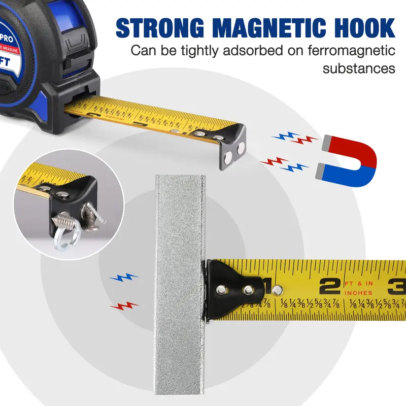 WORKPRO 2 Stück, einziehbare Hochleistungs-Zollstock mit 4,88 m Länge, doppelte Einzugsfunktion, hohe Standfestigkeit und Genauigkeit von 1/32 Zoll – mit magnetischem Haken, Gürtelclip und gummiertem Schutzgehäuse