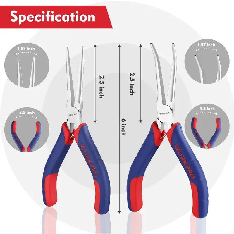 WORKPRO 2-teiliges 6-Zoll-Mini-Spitzzangen-Set, lange Spitzzangen, gebogene Spitzzangen