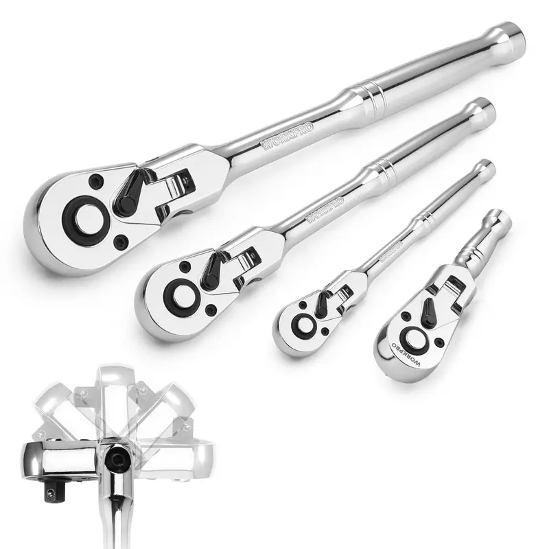 WORKPRO 2-teiliges oder 4-teiliges Flex-Kopf-Ratschenset, 1/4", 3/8" und 1/2" Antrieb, 3/8" Kurzversion 2