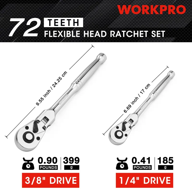 WORKPRO 2-teiliges oder 4-teiliges Flex-Kopf-Ratschenset, 1/4", 3/8" und 1/2" Antrieb, 3/8" Kurzversion