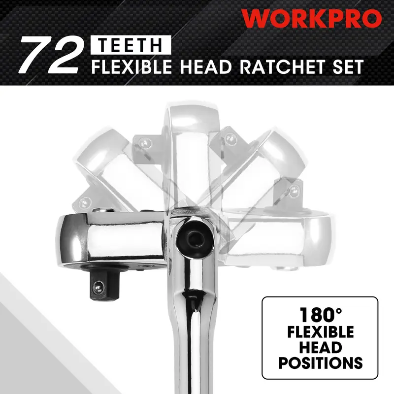 WORKPRO 2-teiliges oder 4-teiliges Flex-Kopf-Ratschenset, 1/4", 3/8" und 1/2" Antrieb, 3/8" Kurzversion