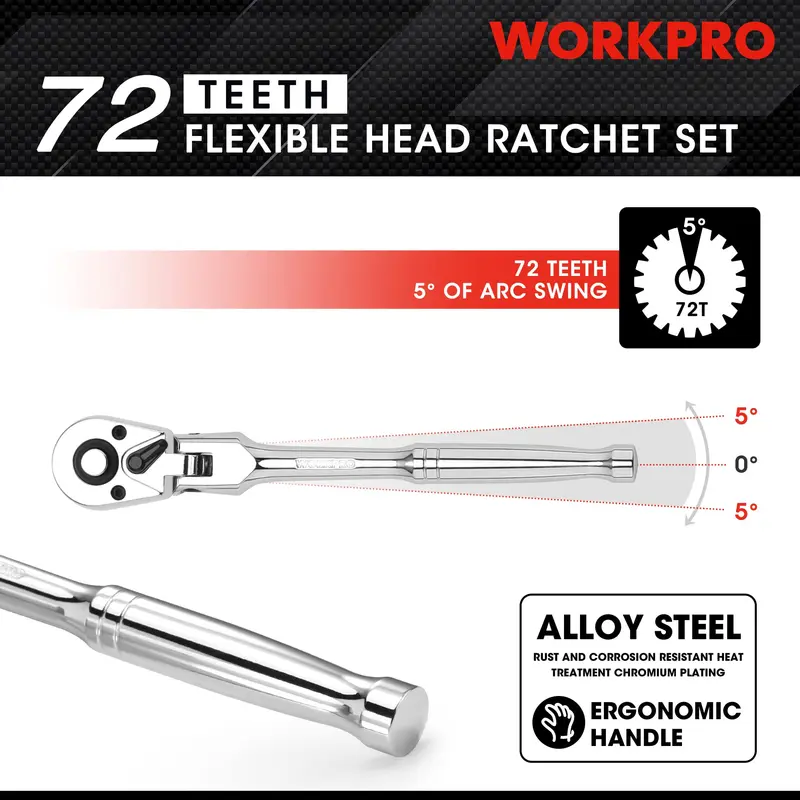 WORKPRO 2-teiliges oder 4-teiliges Flex-Kopf-Ratschenset, 1/4", 3/8" und 1/2" Antrieb, 3/8" Kurzversion