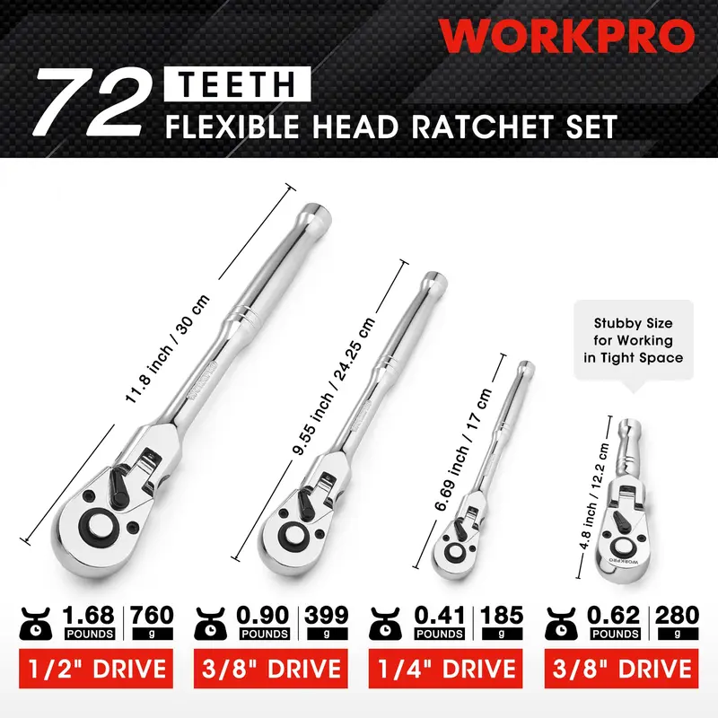 WORKPRO 2-teiliges oder 4-teiliges Flex-Kopf-Ratschenset, 1/4", 3/8" und 1/2" Antrieb, 3/8" Kurzversion