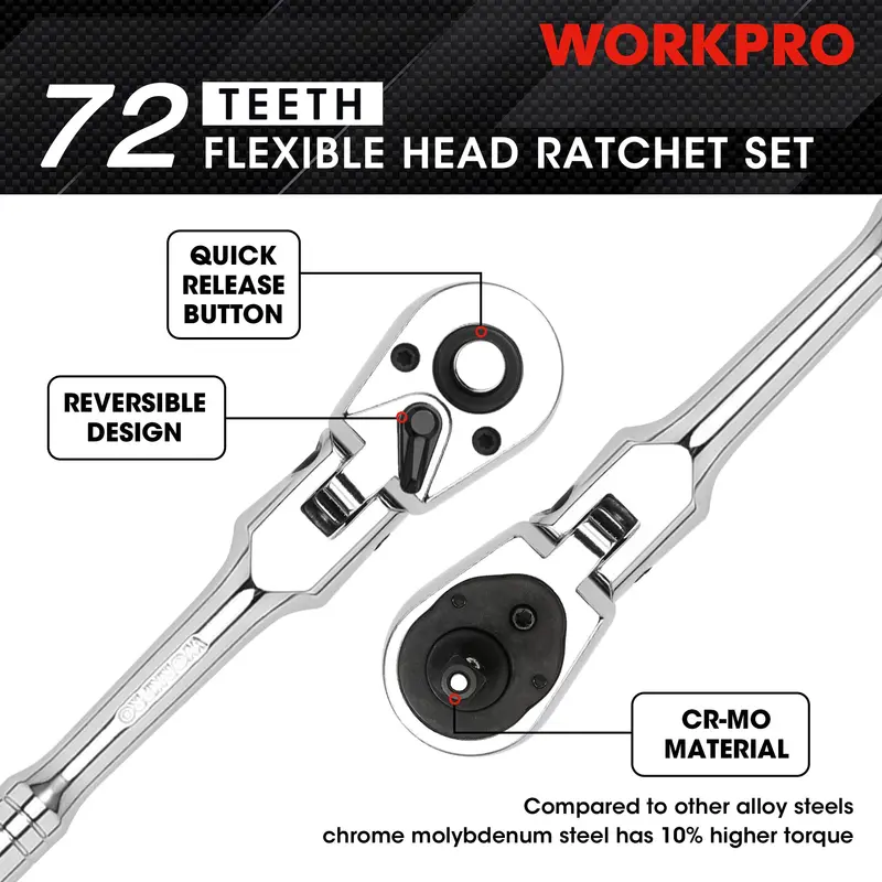 WORKPRO 2-teiliges oder 4-teiliges Flex-Kopf-Ratschenset, 1/4", 3/8" und 1/2" Antrieb, 3/8" Kurzversion