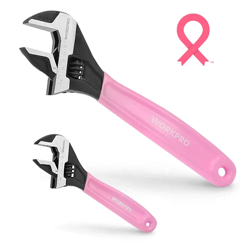 WORKPRO 2-teiliges verstellbares Schraubenschlüssel-Set in Rosa, 15 cm und 25 cm, breiter Backen mit schwarzer Oxidbeschichtung, Maßeinheiten in metrisch und SAE, Chrom-Vanadium-Stahl – Pink Ribbon