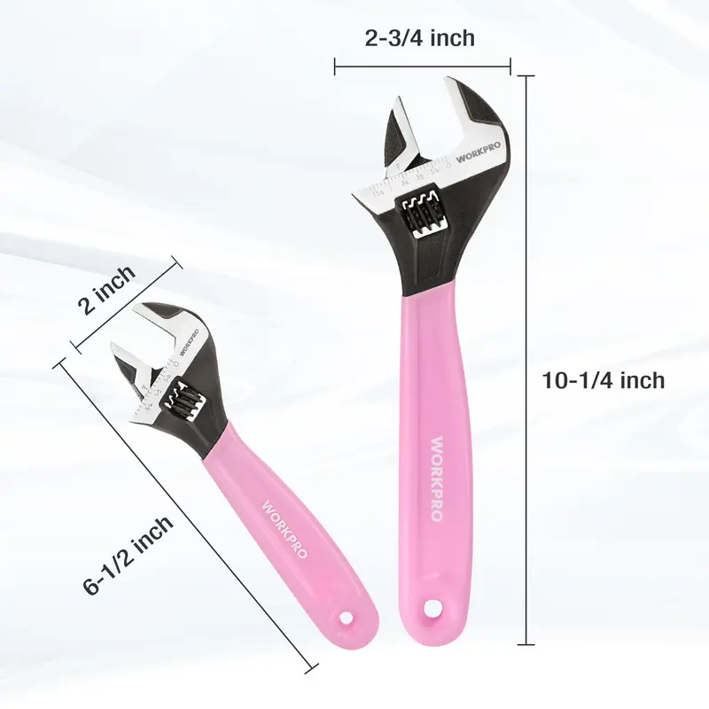 WORKPRO 2-teiliges verstellbares Schraubenschlüssel-Set in Rosa, 15 cm und 25 cm, breiter Backen mit schwarzer Oxidbeschichtung, Maßeinheiten in metrisch und SAE, Chrom-Vanadium-Stahl – Pink Ribbon 2