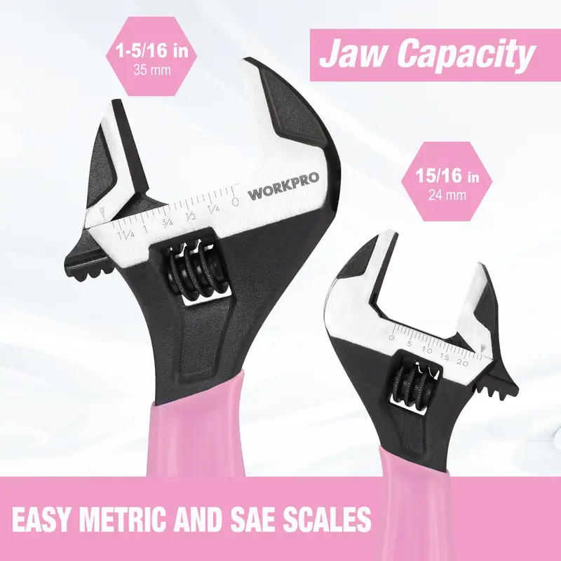 WORKPRO 2-teiliges verstellbares Schraubenschlüssel-Set in Rosa, 15 cm und 25 cm, breiter Backen mit schwarzer Oxidbeschichtung, Maßeinheiten in metrisch und SAE, Chrom-Vanadium-Stahl – Pink Ribbon