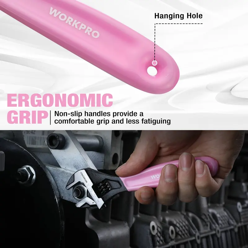 WORKPRO 2-teiliges verstellbares Schraubenschlüssel-Set in Rosa, 15 cm und 25 cm, breiter Backen mit schwarzer Oxidbeschichtung, Maßeinheiten in metrisch und SAE, Chrom-Vanadium-Stahl – Pink Ribbon
