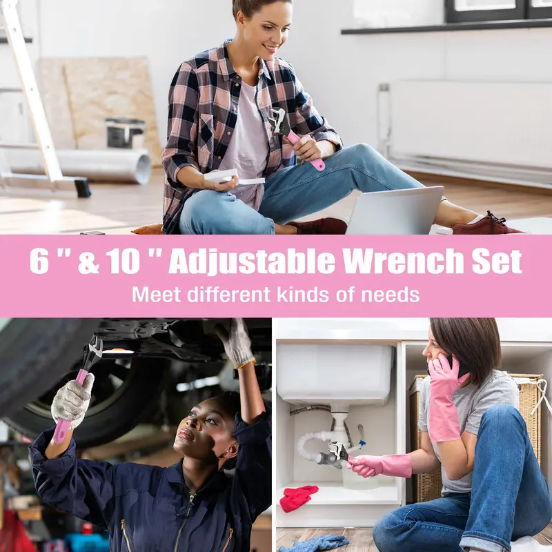 WORKPRO 2-teiliges verstellbares Schraubenschlüssel-Set in Rosa, 15 cm und 25 cm, breiter Backen mit schwarzer Oxidbeschichtung, Maßeinheiten in metrisch und SAE, Chrom-Vanadium-Stahl – Pink Ribbon