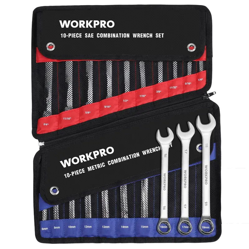 WORKPRO 20-teiliges kombiniertes Metrisch- und SAE-Schlüsselset aus Chrom-Vanadium-Stahl mit 12 Kanten: SAE 1/4"–3/4" und metrisch 6–18 mm