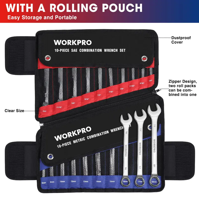 WORKPRO 20-teiliges kombiniertes Metrisch- und SAE-Schlüsselset aus Chrom-Vanadium-Stahl mit 12 Kanten: SAE 1/4"–3/4" und metrisch 6–18 mm 2