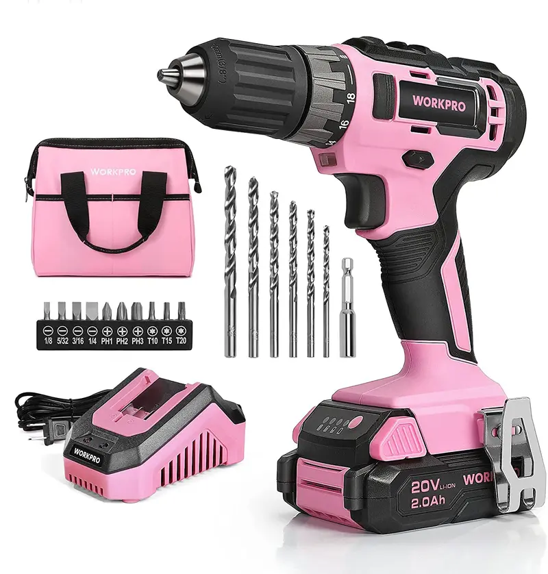 WORKPRO 20-V-Akku-Bohrschrauber-Set in Rosa mit Schnellladegerät und 28-cm-Aufbewahrungstasche – Pink Ribbon