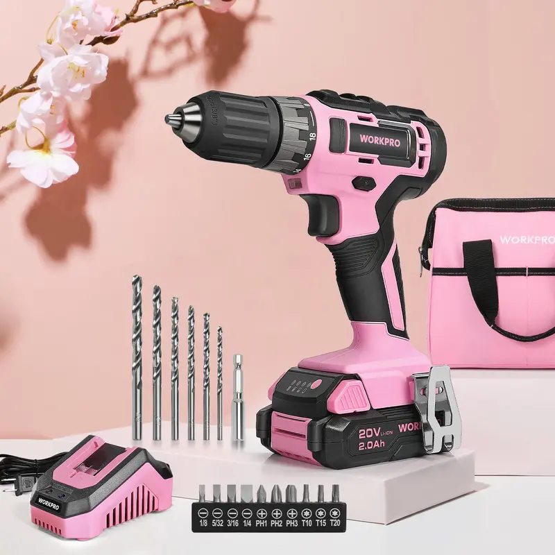 WORKPRO 20-V-Akku-Bohrschrauber-Set in Rosa mit Schnellladegerät und 28-cm-Aufbewahrungstasche – Pink Ribbon 2