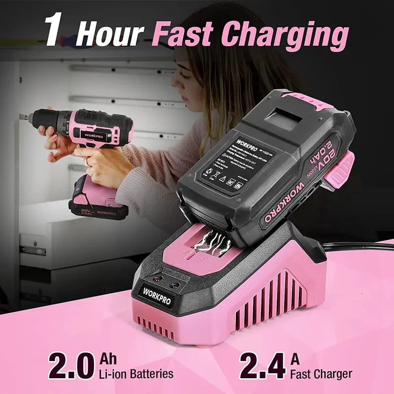 WORKPRO 20-V-Akku-Bohrschrauber-Set in Rosa mit Schnellladegerät und 28-cm-Aufbewahrungstasche – Pink Ribbon