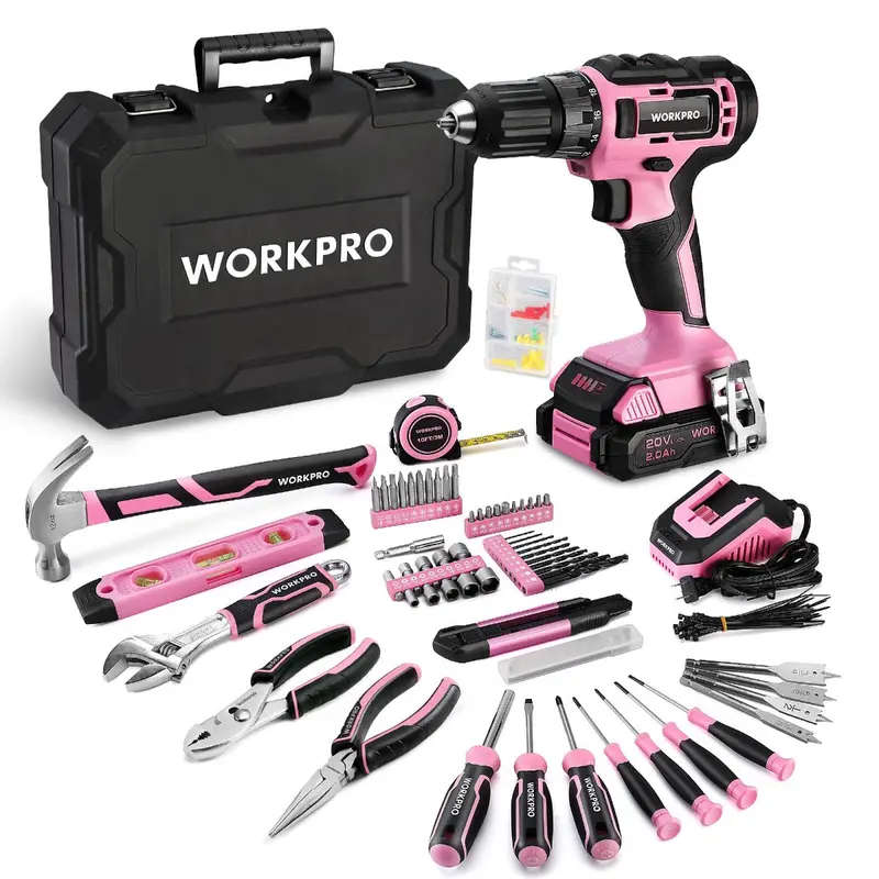 WORKPRO 20-V-Pink-Akku-Bohrschrauber und 141-teiliges Heimwerkzeugset – Pink Ribbon