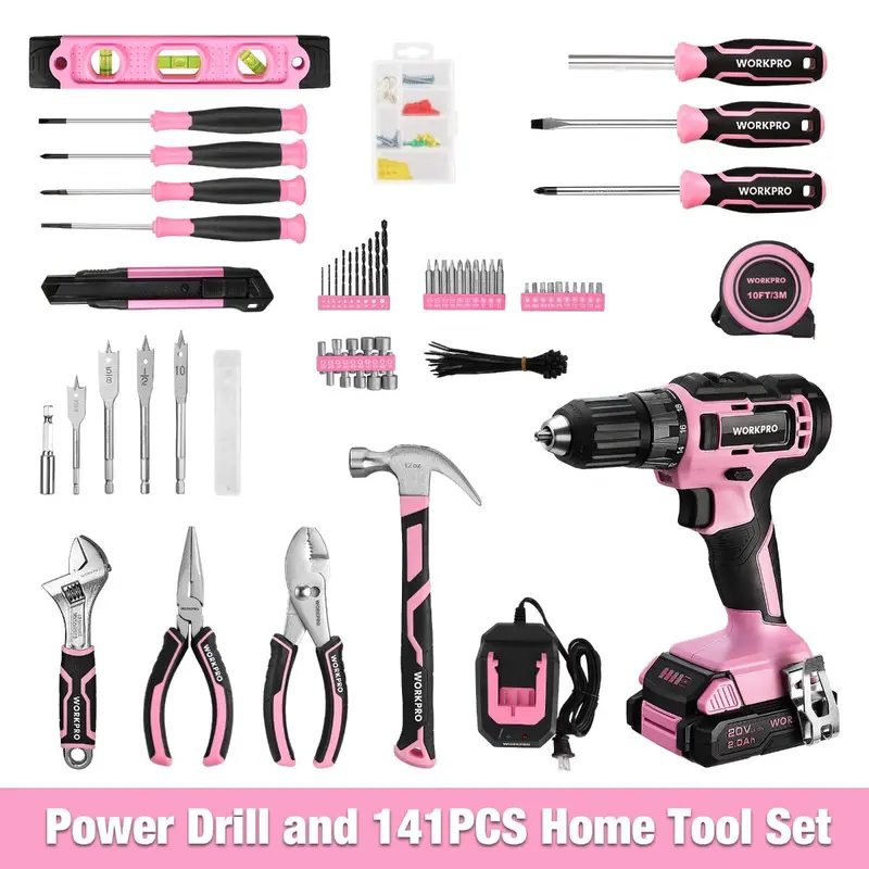 WORKPRO 20-V-Pink-Akku-Bohrschrauber und 141-teiliges Heimwerkzeugset – Pink Ribbon 2