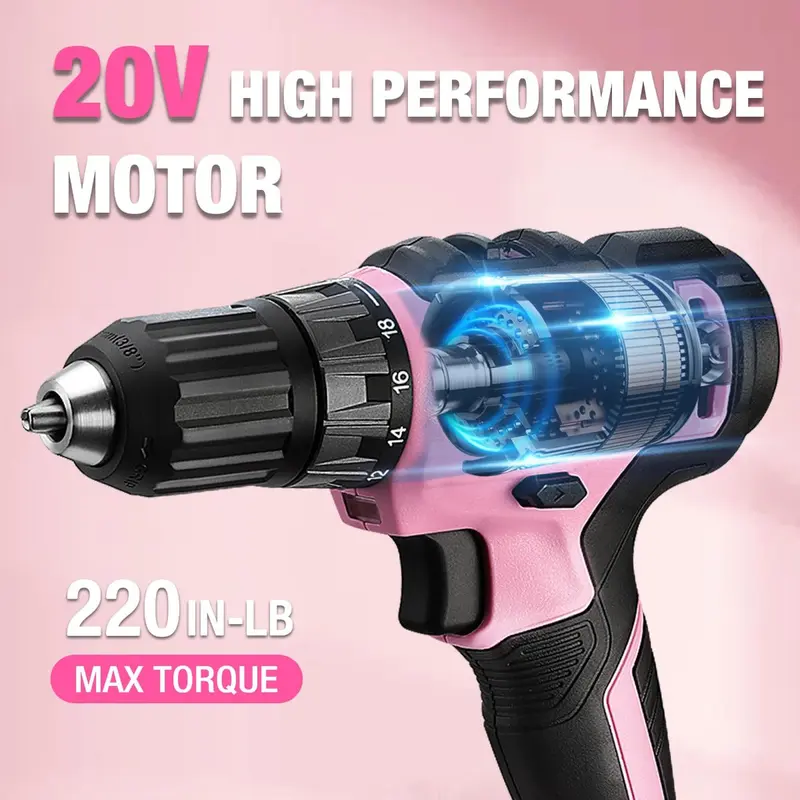WORKPRO 20-V-Pink-Akku-Bohrschrauber und 141-teiliges Heimwerkzeugset – Pink Ribbon