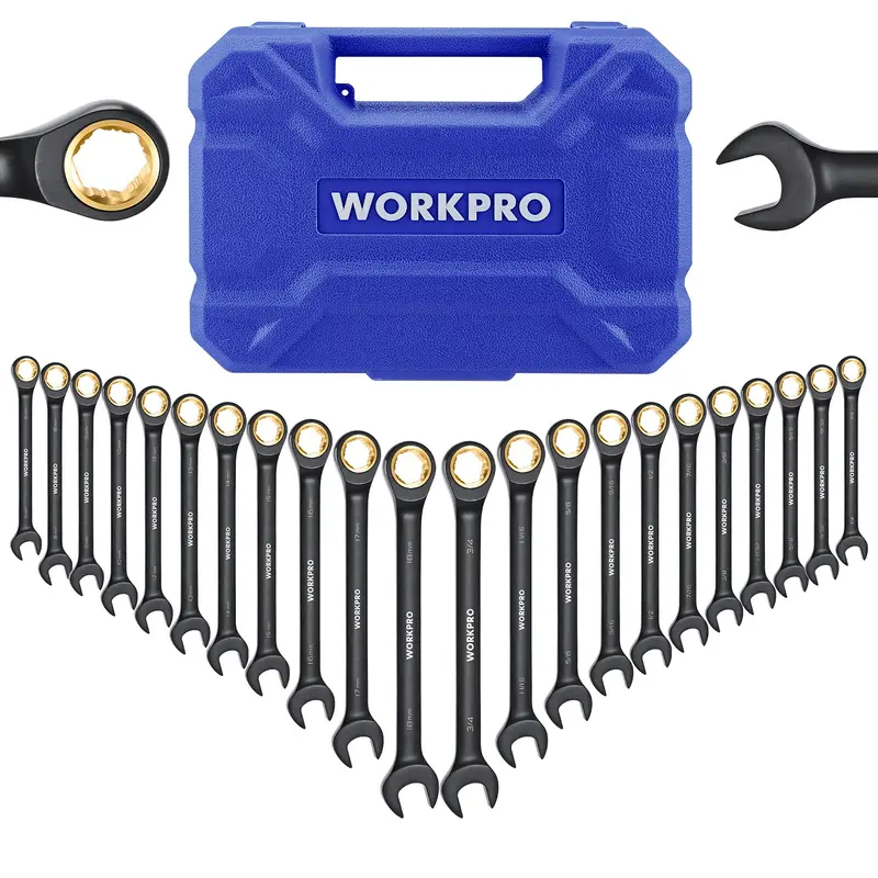 WORKPRO 22-teiliges Ratschen-Schraubenschlüssel-Set mit Standard- und Flex-Kopf, rutschfestem Zahnprofil und Aufbewahrungsbox – metrisch 6–18 mm & Zoll 1/4–3/4 Zoll