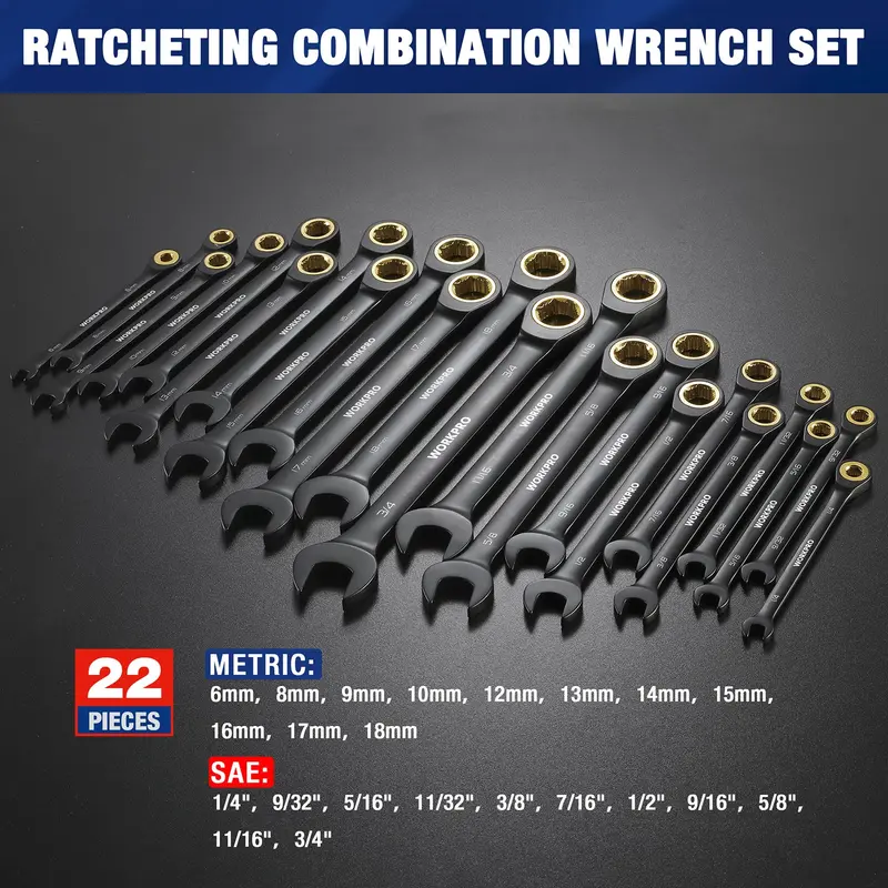 WORKPRO 22-teiliges Ratschen-Schraubenschlüssel-Set mit Standard- und Flex-Kopf, rutschfestem Zahnprofil und Aufbewahrungsbox – metrisch 6–18 mm & Zoll 1/4–3/4 Zoll 2