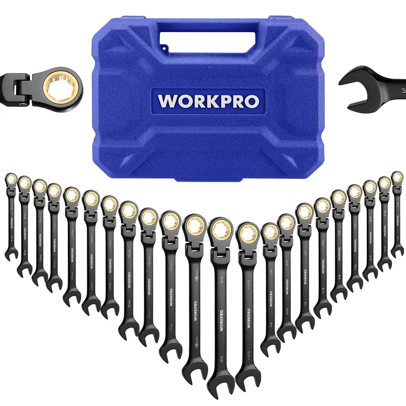 WORKPRO 22-teiliges Ratschen-Schraubenschlüssel-Set mit Standard- und Flex-Kopf, rutschfestem Zahnprofil und Aufbewahrungsbox – metrisch 6–18 mm & Zoll 1/4–3/4 Zoll