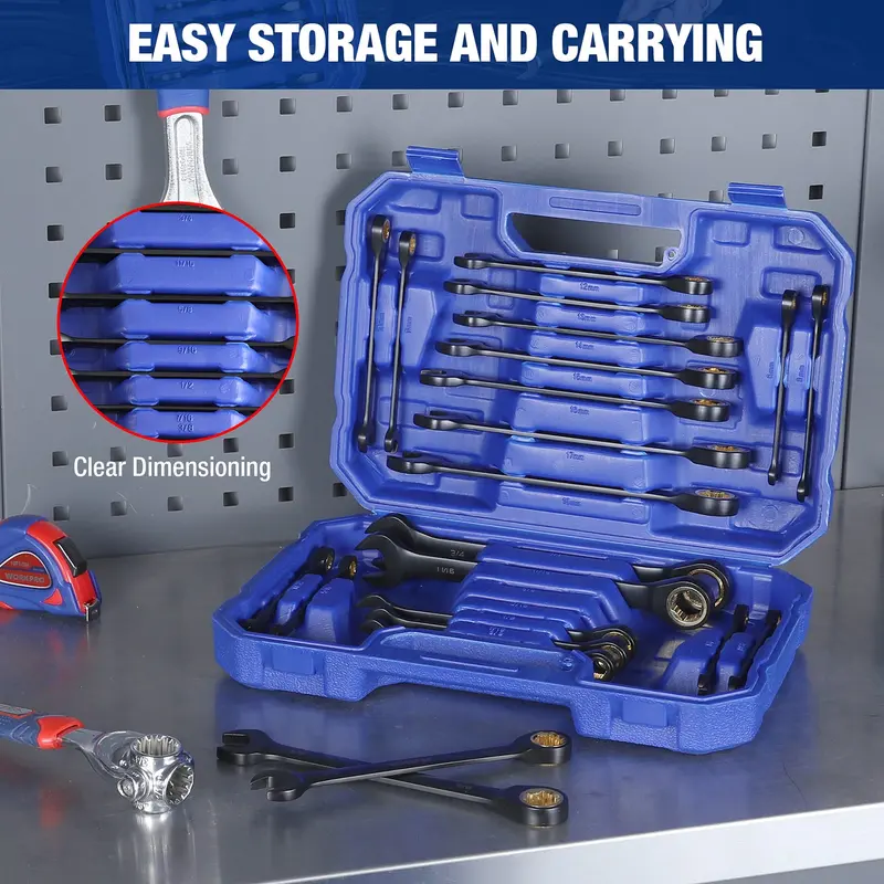 WORKPRO 22-teiliges Ratschen-Schraubenschlüssel-Set mit Standard- und Flex-Kopf, rutschfestem Zahnprofil und Aufbewahrungsbox – metrisch 6–18 mm & Zoll 1/4–3/4 Zoll