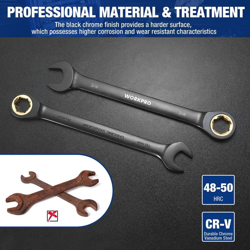 WORKPRO 22-teiliges Ratschen-Schraubenschlüssel-Set mit Standard- und Flex-Kopf, rutschfestem Zahnprofil und Aufbewahrungsbox – metrisch 6–18 mm & Zoll 1/4–3/4 Zoll