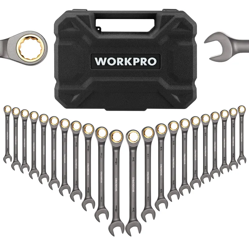 WORKPRO 22-teiliges Ratschenschraubenschlüssel-Set mit festem und flexiblen Kopf sowie Aufbewahrungsbox – 72 Zähne, metrisch 6–18 mm & SAE 1/4–3/4 Zoll