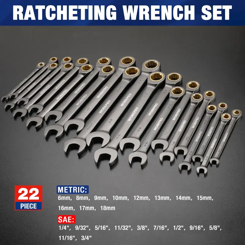 WORKPRO 22-teiliges Ratschenschraubenschlüssel-Set mit festem und flexiblen Kopf sowie Aufbewahrungsbox – 72 Zähne, metrisch 6–18 mm & SAE 1/4–3/4 Zoll 2