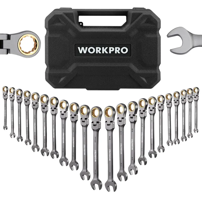 WORKPRO 22-teiliges Ratschenschraubenschlüssel-Set mit festem und flexiblen Kopf sowie Aufbewahrungsbox – 72 Zähne, metrisch 6–18 mm & SAE 1/4–3/4 Zoll