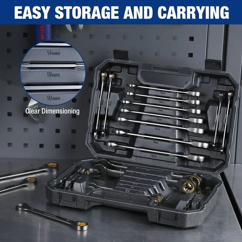 WORKPRO 22-teiliges Ratschenschraubenschlüssel-Set mit festem und flexiblen Kopf sowie Aufbewahrungsbox – 72 Zähne, metrisch 6–18 mm & SAE 1/4–3/4 Zoll