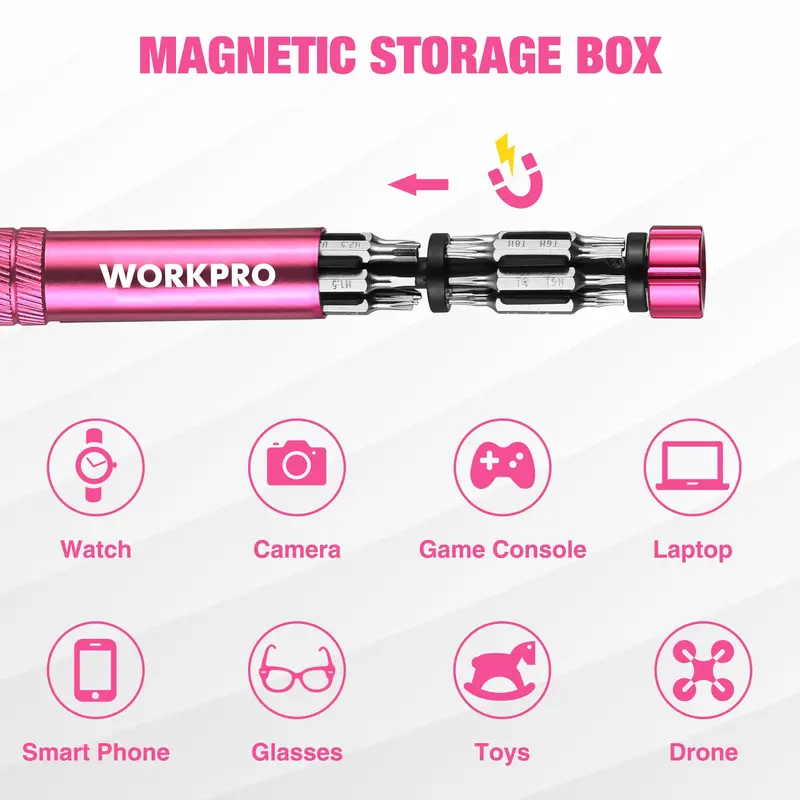 WORKPRO 24-in-1 Präzisionsschraubendreherset, 24 Stück robuste S2-Stahl-Mini-Schraubendreherbits – Rosa Band