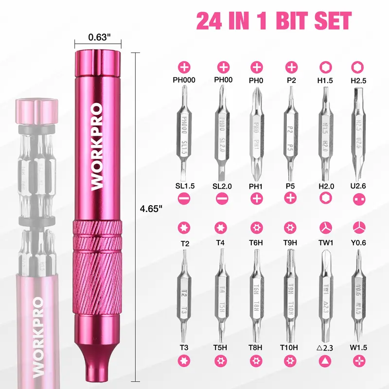 WORKPRO 24-in-1 Präzisionsschraubendreherset, 24 Stück robuste S2-Stahl-Mini-Schraubendreherbits – Rosa Band