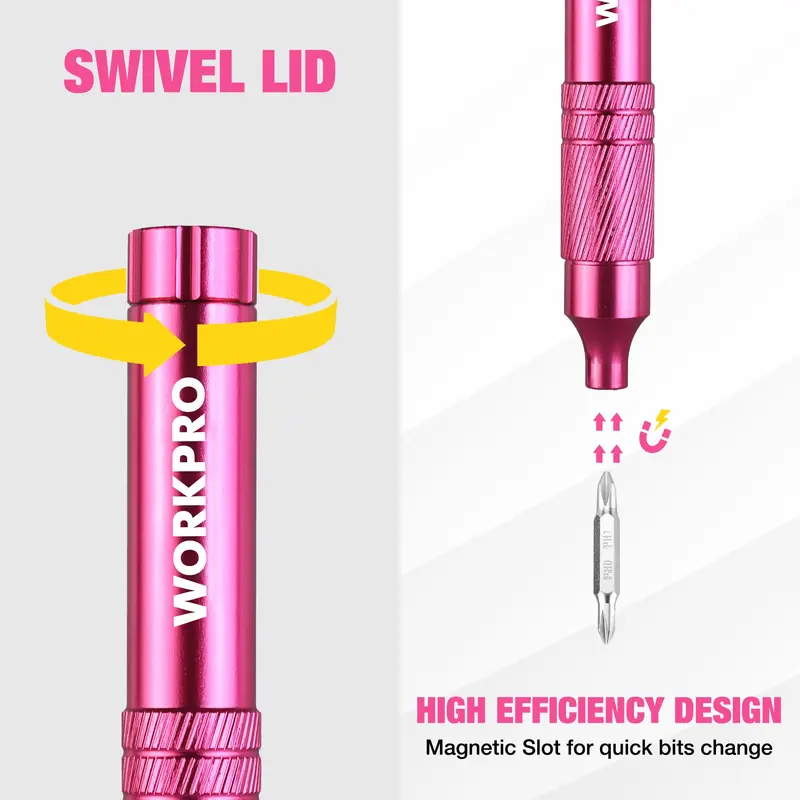 WORKPRO 24-in-1 Präzisionsschraubendreherset, 24 Stück robuste S2-Stahl-Mini-Schraubendreherbits – Rosa Band