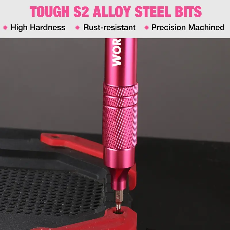 WORKPRO 24-in-1 Präzisionsschraubendreherset, 24 Stück robuste S2-Stahl-Mini-Schraubendreherbits – Rosa Band