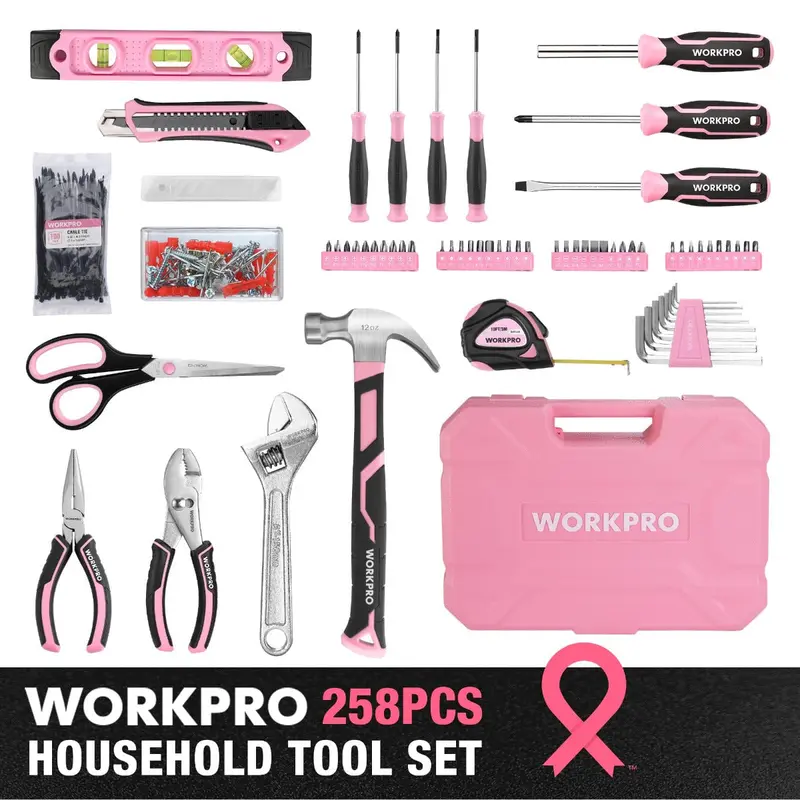 WORKPRO 258-teiliges / 284-teiliges Komplett-Set für Heimwerker – Rosa Band 2
