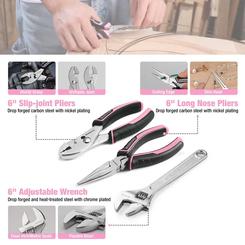 WORKPRO 258-teiliges / 284-teiliges Komplett-Set für Heimwerker – Rosa Band