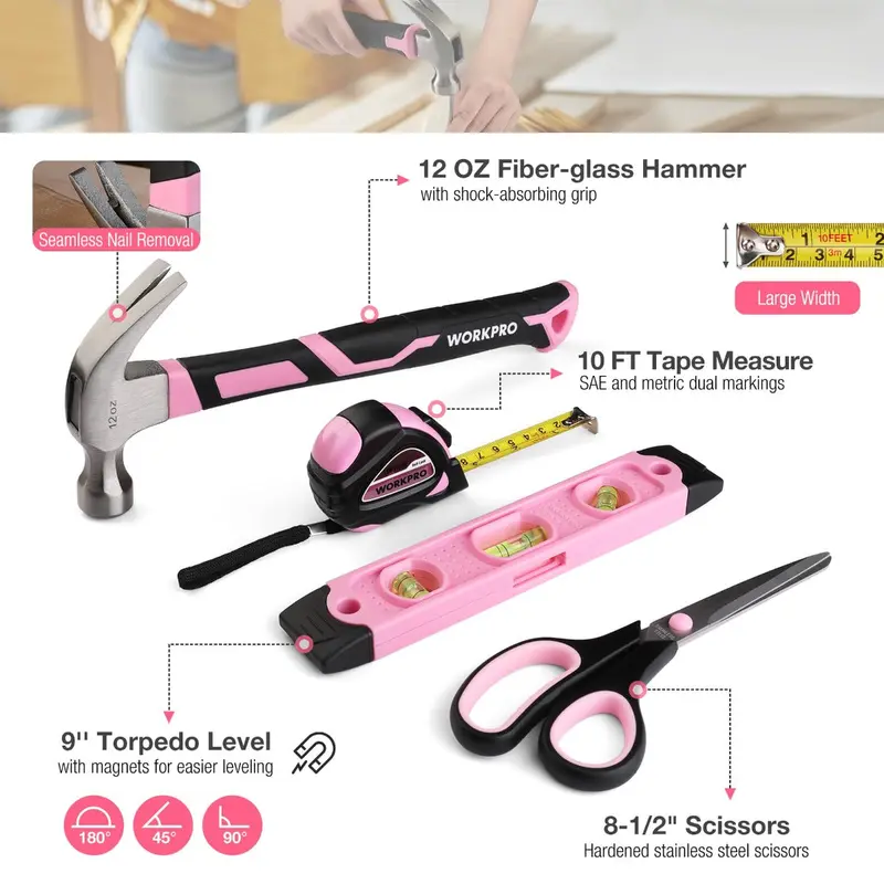 WORKPRO 258-teiliges / 284-teiliges Komplett-Set für Heimwerker – Rosa Band