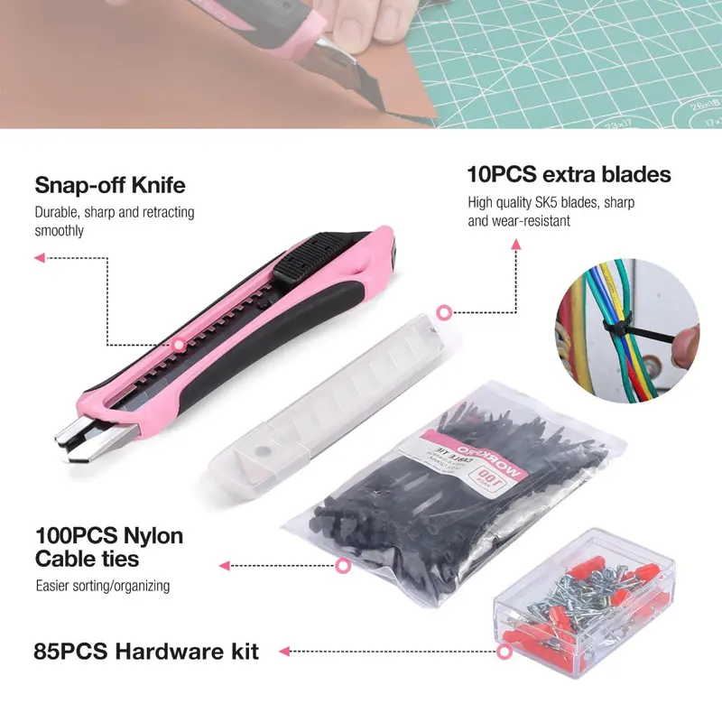 WORKPRO 258-teiliges / 284-teiliges Komplett-Set für Heimwerker – Rosa Band
