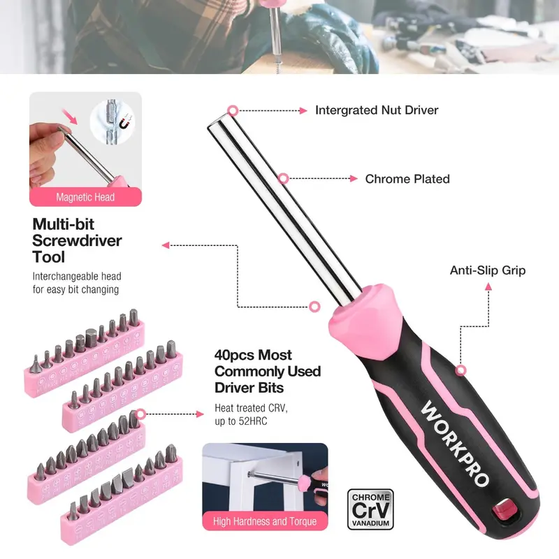 WORKPRO 258-teiliges / 284-teiliges Komplett-Set für Heimwerker – Rosa Band